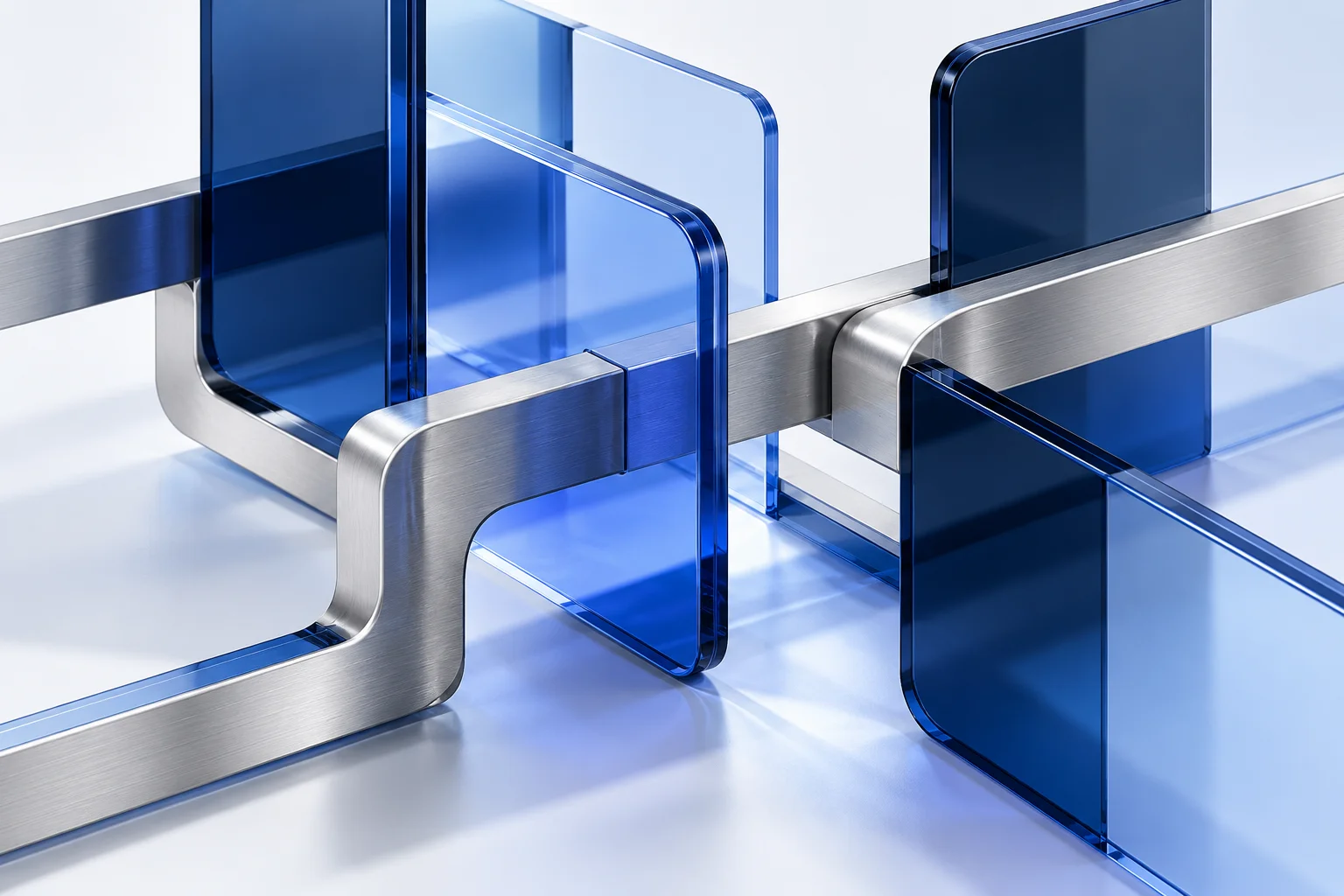 Translucent blue panels connected by silver channels